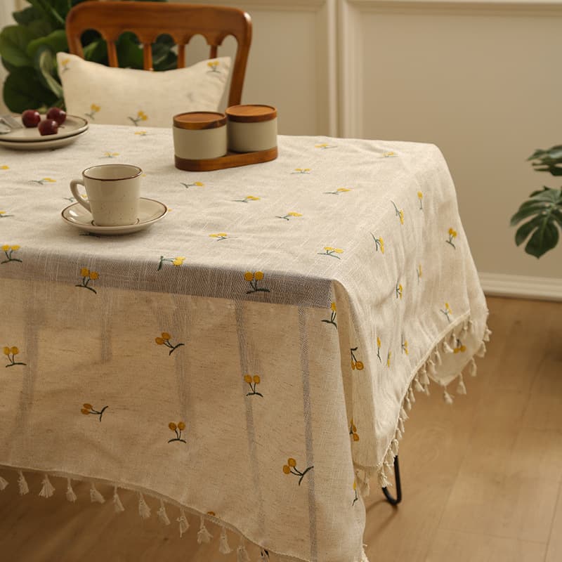 テーブルクロス フルーツ刺繍とフリンジ付きナチュラルリネンテーブルクロス