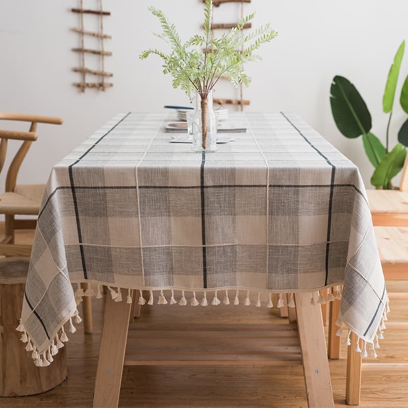 テーブルクロス リネン 格子柄のタッセル付きテーブルクロス