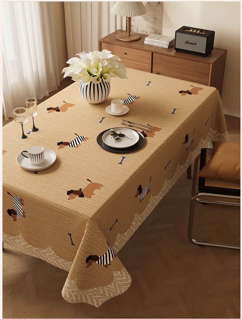 テーブルクロス リネン わんこ模様のヘリンボーンテーブルクロス