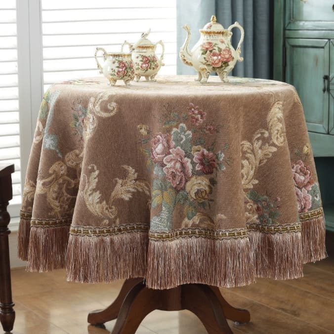 テーブルクロス 布 優雅な花刺繍フリンジクロス