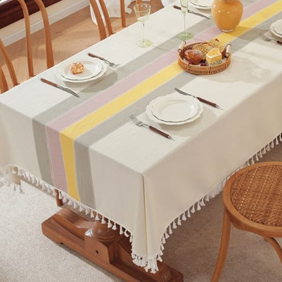 テーブルクロス リネン 優美なタッセル付き縞模様テーブルクロス