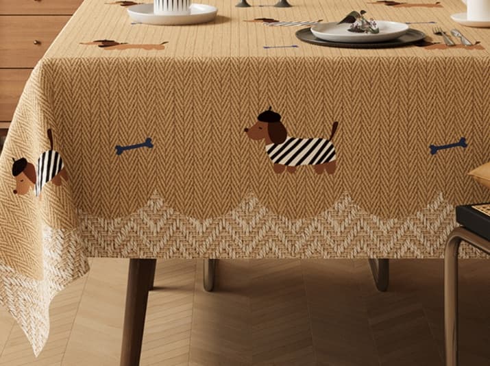 テーブルクロス リネン わんこ模様のヘリンボーンテーブルクロス