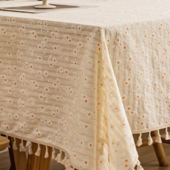 テーブルクロス リネン 小花模様の優しいタッセル付きテーブルクロス