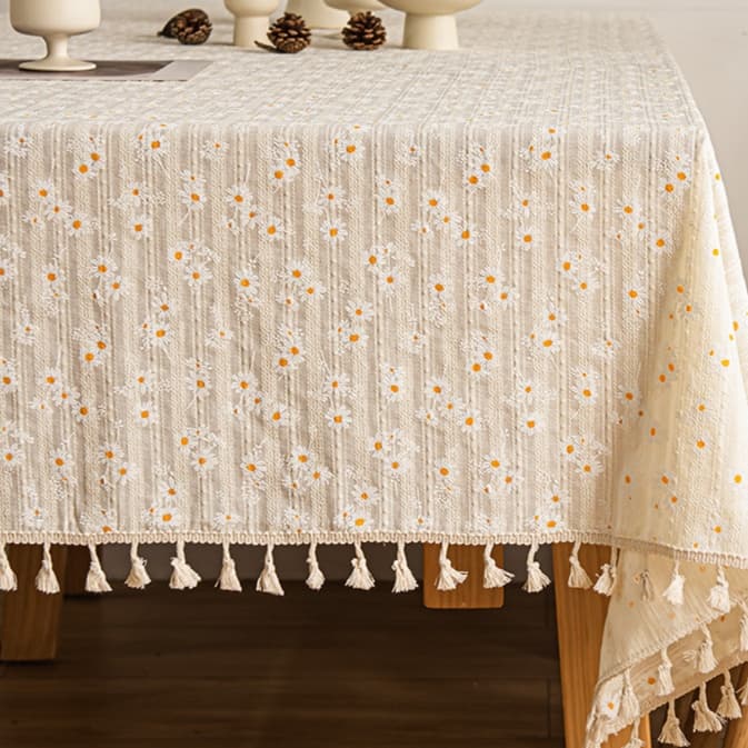 テーブルクロス リネン 小花模様の優しいタッセル付きテーブルクロス