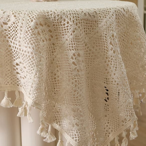 テーブルクロス リネン 手編み風レース飾り紐付きテーブルクロス