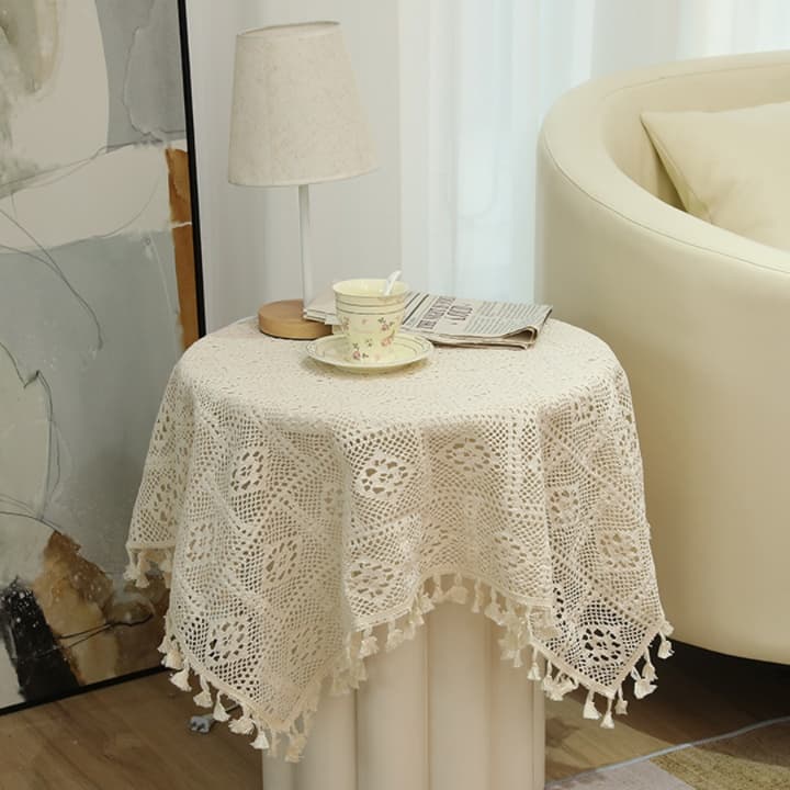 テーブルクロス リネン 手編み風レース飾り紐付きテーブルクロス