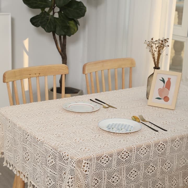 テーブルクロス リネン 手編み風レース飾り紐付きテーブルクロス