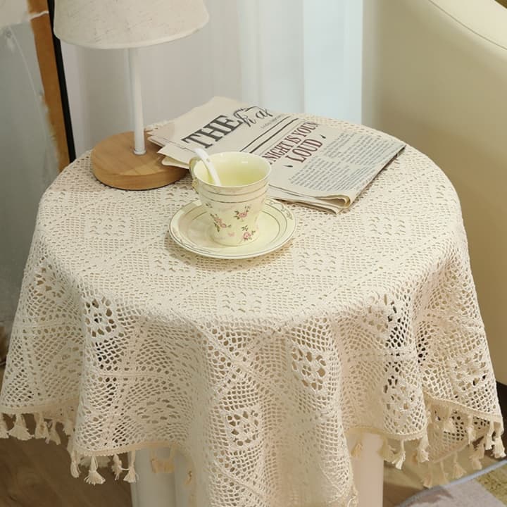 テーブルクロス リネン 手編み風レース飾り紐付きテーブルクロス