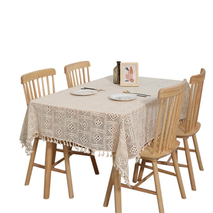 テーブルクロス リネン 手編み風レース飾り紐付きテーブルクロス