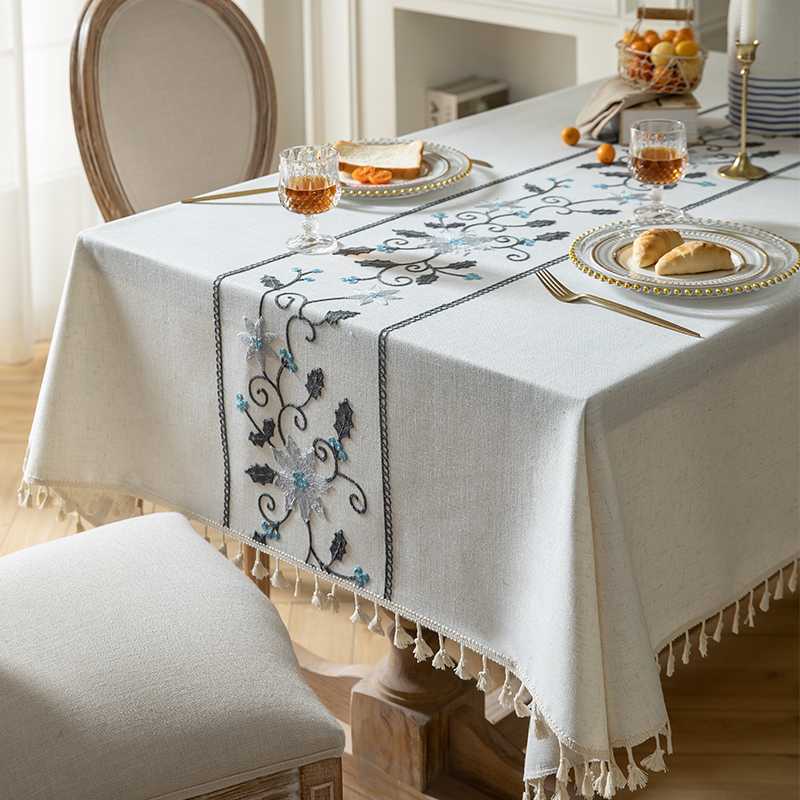 テーブルクロス リネン 花刺繍タッセル付きテーブルクロス