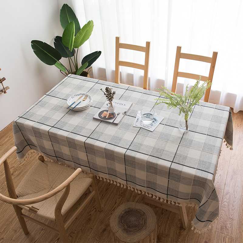 テーブルクロス リネン 格子柄のタッセル付きテーブルクロス