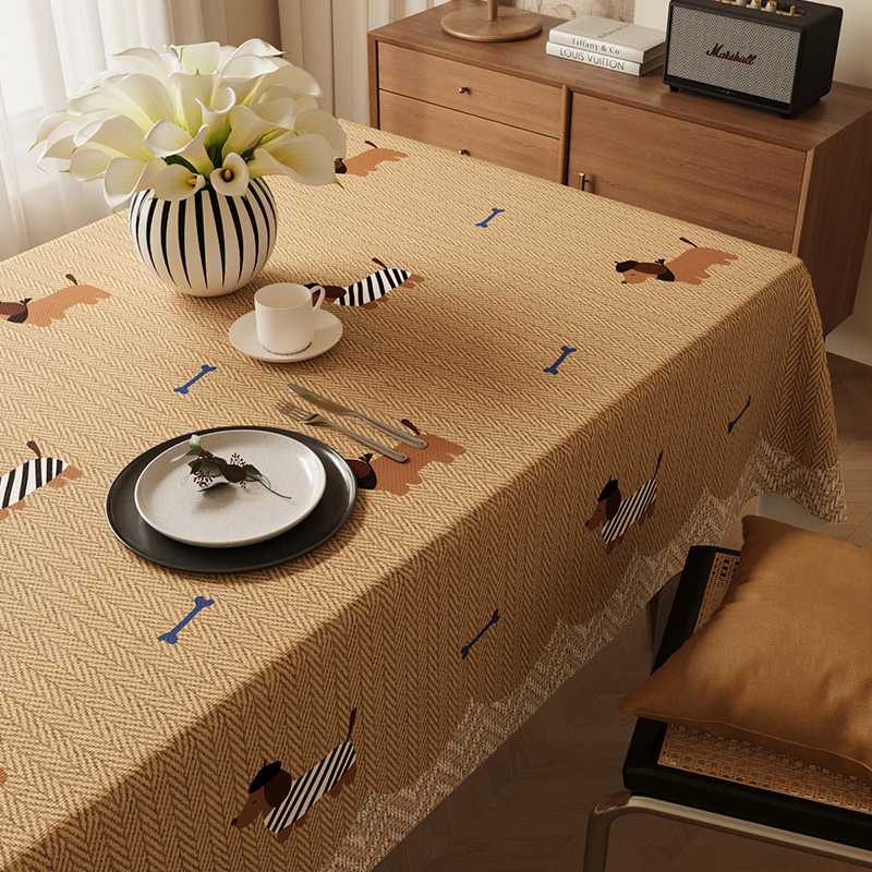 テーブルクロス リネン わんこ模様のヘリンボーンテーブルクロス