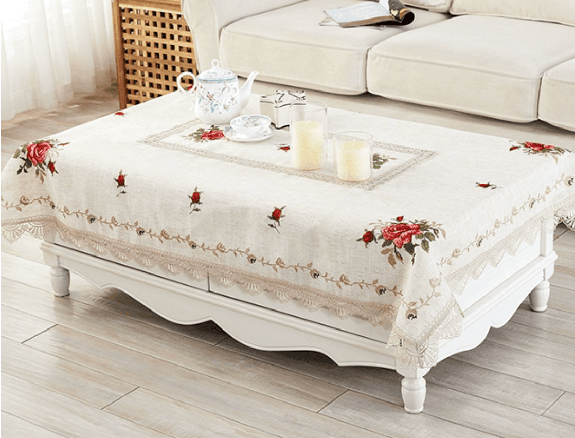 テーブルクロス リネン 薔薇刺繍レースエッジテーブルクロス