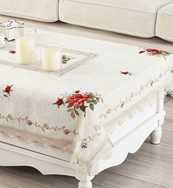 テーブルクロス リネン 薔薇刺繍レースエッジテーブルクロス