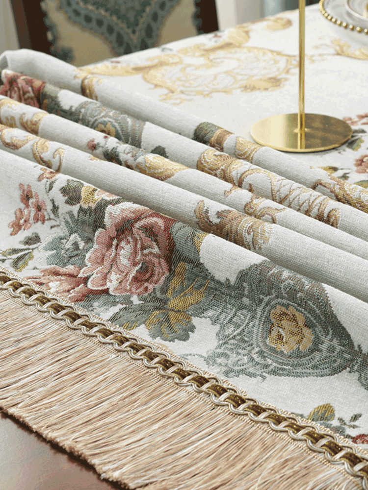 テーブルクロス 布 優雅な花刺繍フリンジクロス