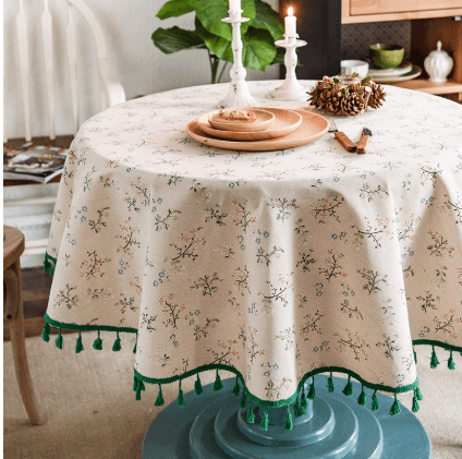 テーブルクロス 花柄線描きタッセル付き円形テーブルクロス