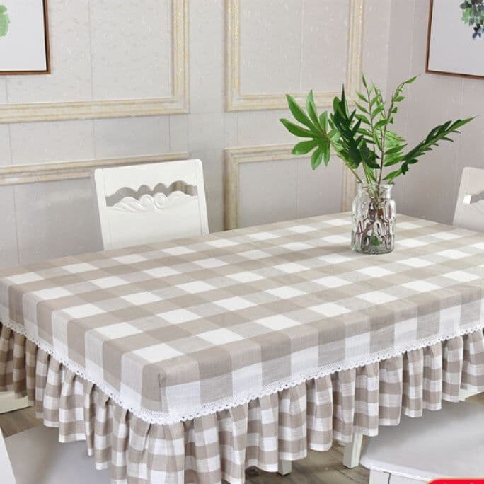 テーブルクロス 格子柄フリル付きレーステーブルクロス