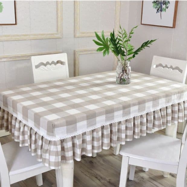 テーブルクロス 格子柄フリル付きレーステーブルクロス