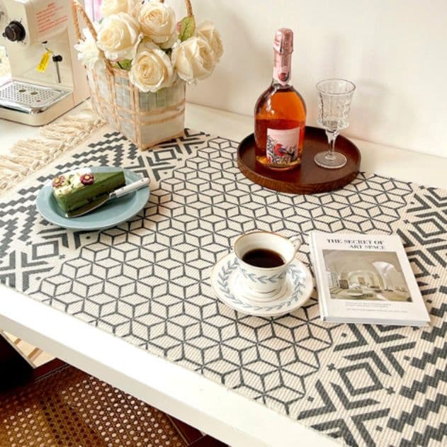 テーブルクロス 幾何学模様フリンジ付き綿麻テーブルランナー