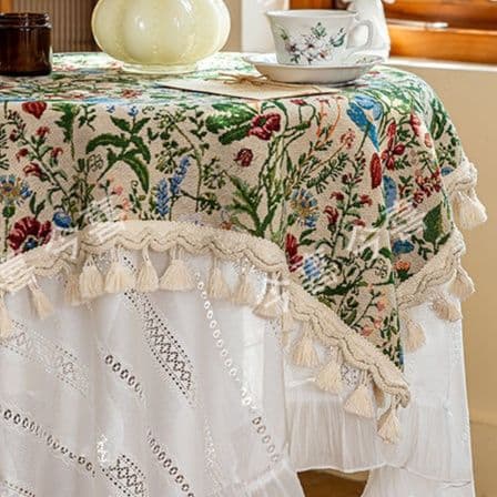テーブルクロス 花柄刺繍フリルレース付き多層式テーブルクロス布