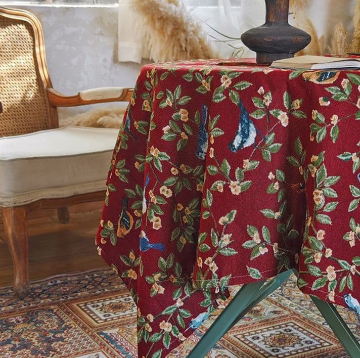 テーブルクロス 小鳥と草花の刺繍風テーブルクロス用布