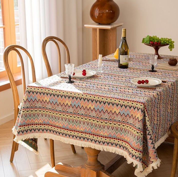 テーブルクロス 民族風ジグザグ模様フリンジ付きテーブルクロス布