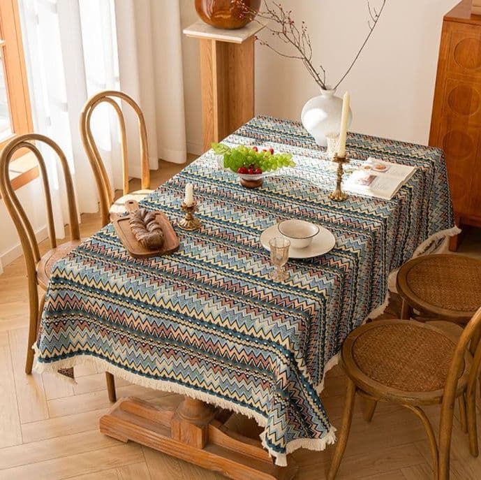 テーブルクロス 民族風ジグザグ模様フリンジ付きテーブルクロス布