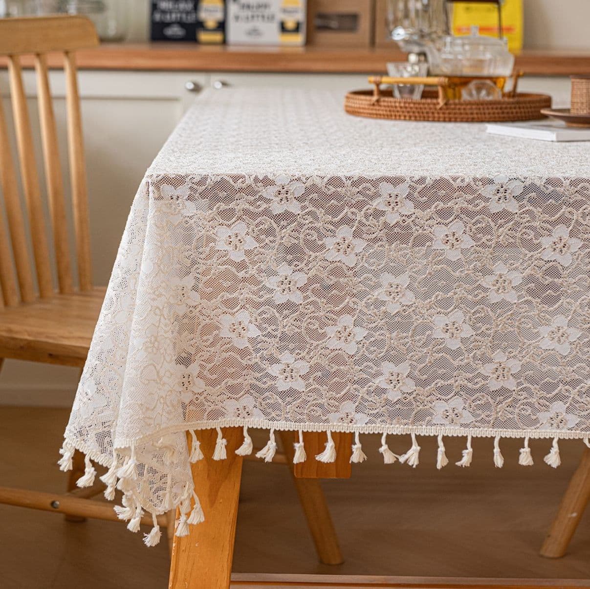 テーブルクロス 花柄刺繍レース布タッセル付きテーブルクロス