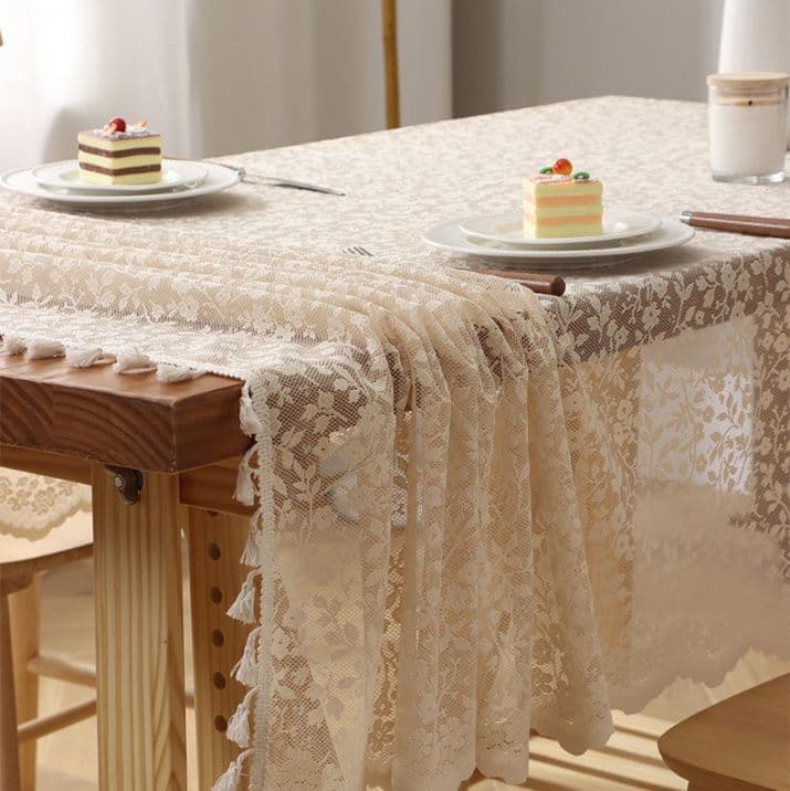 テーブルクロス 花柄刺繍レース装飾タッセル付きテーブルクロス