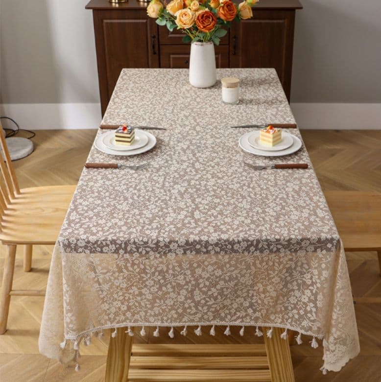 テーブルクロス 花柄刺繍レース装飾タッセル付きテーブルクロス