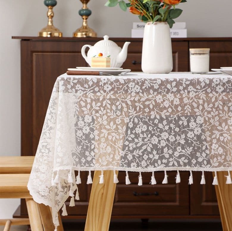 テーブルクロス 花柄刺繍レース装飾タッセル付きテーブルクロス