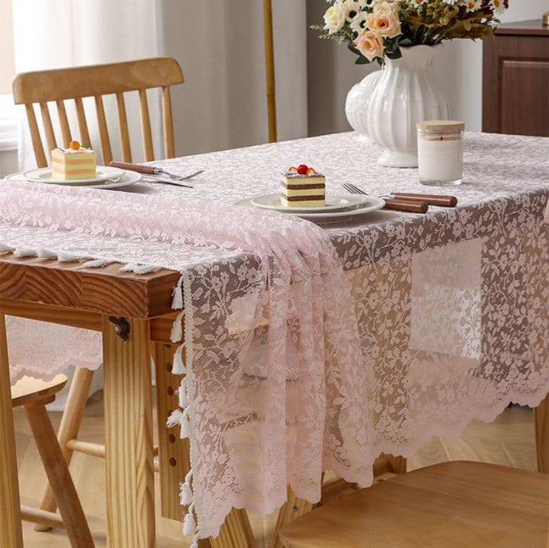 テーブルクロス 花柄刺繍レース装飾タッセル付きテーブルクロス