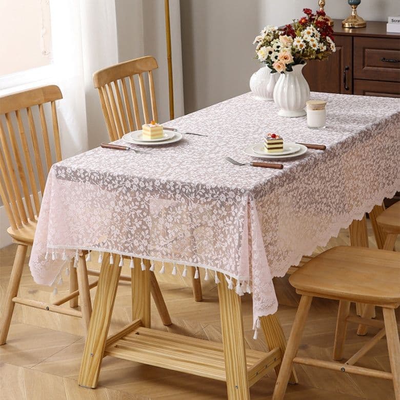 テーブルクロス 花柄刺繍レース装飾タッセル付きテーブルクロス