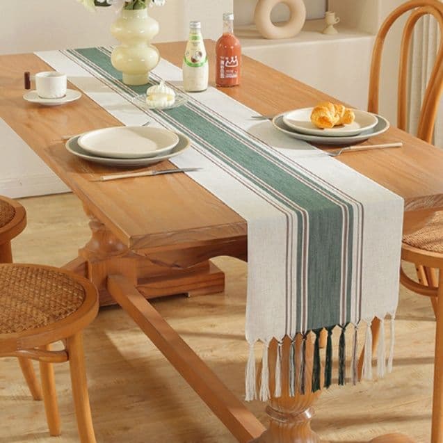テーブルクロス 綿麻素材のストライプ柄フリンジ付きセンタークロス