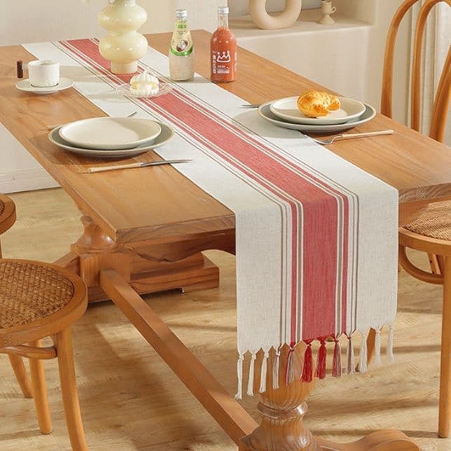 テーブルクロス 綿麻素材のストライプ柄フリンジ付きセンタークロス