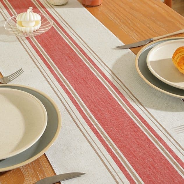 テーブルクロス 綿麻素材のストライプ柄フリンジ付きセンタークロス