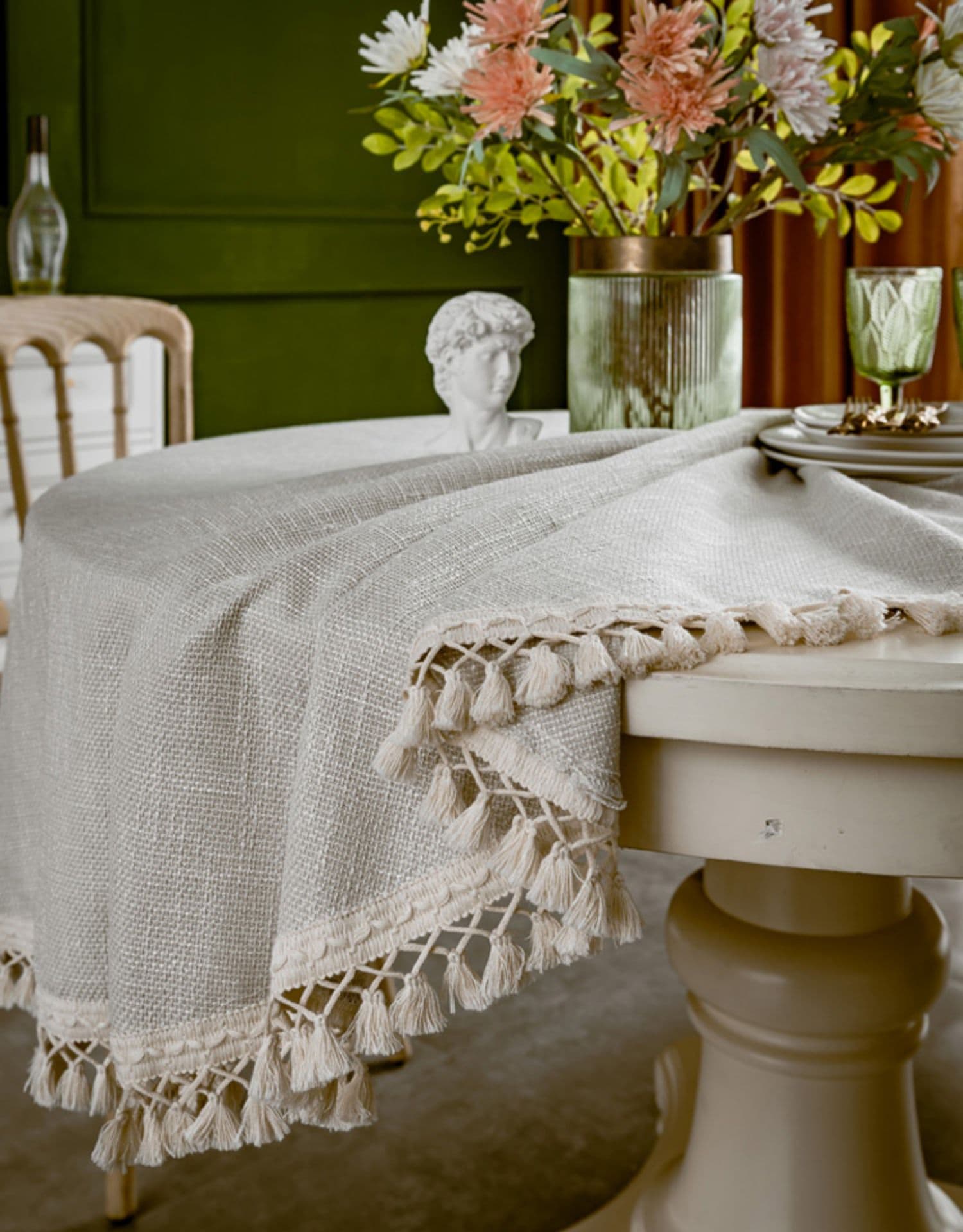 テーブルクロス リネン 上品なタッセル装飾テーブルクロス