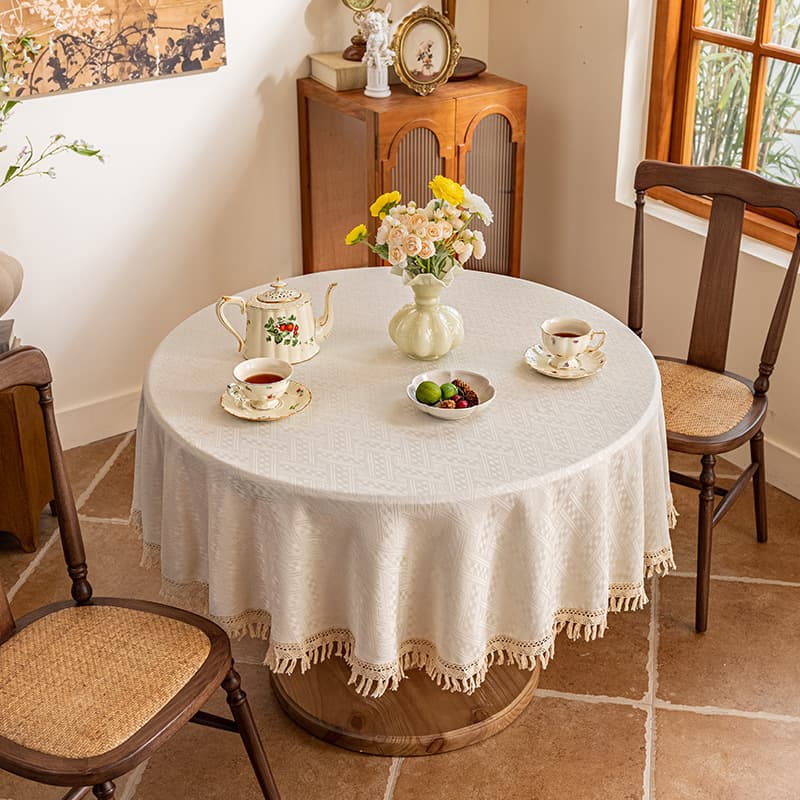 テーブルクロス 幾何学模様ジャカード織りフリンジ付き円形テーブルクロス