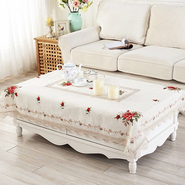 テーブルクロス リネン 薔薇刺繍レースエッジテーブルクロス