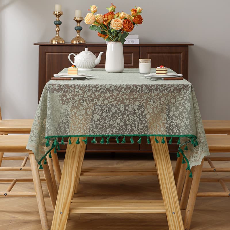 テーブルクロス 花柄刺繍レース装飾タッセル付きテーブルクロス