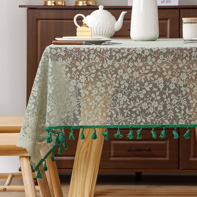 テーブルクロス 花柄刺繍レース装飾タッセル付きテーブルクロス