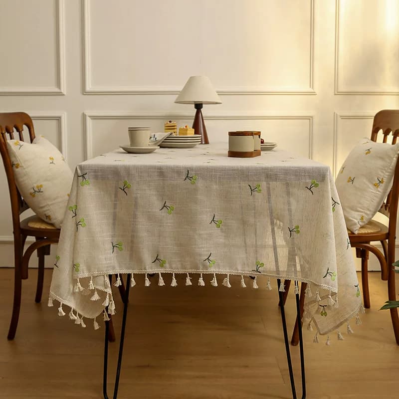 テーブルクロス フルーツ刺繍とフリンジ付きナチュラルリネンテーブルクロス