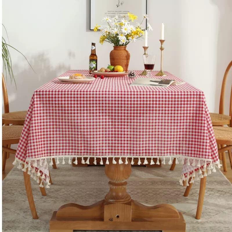 テーブルクロス 小花柄タッセル付き綿混紡テーブルクロス