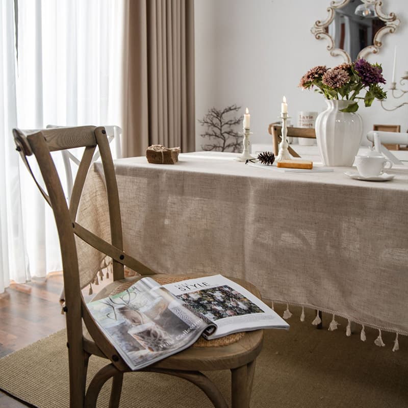 非表示テーブルクロス リネン 風合い豊かな飾り房付きテーブルクロス