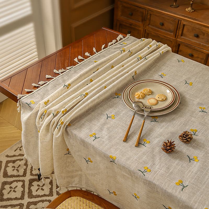 テーブルクロス フルーツ刺繍とフリンジ付きナチュラルリネンテーブルクロス