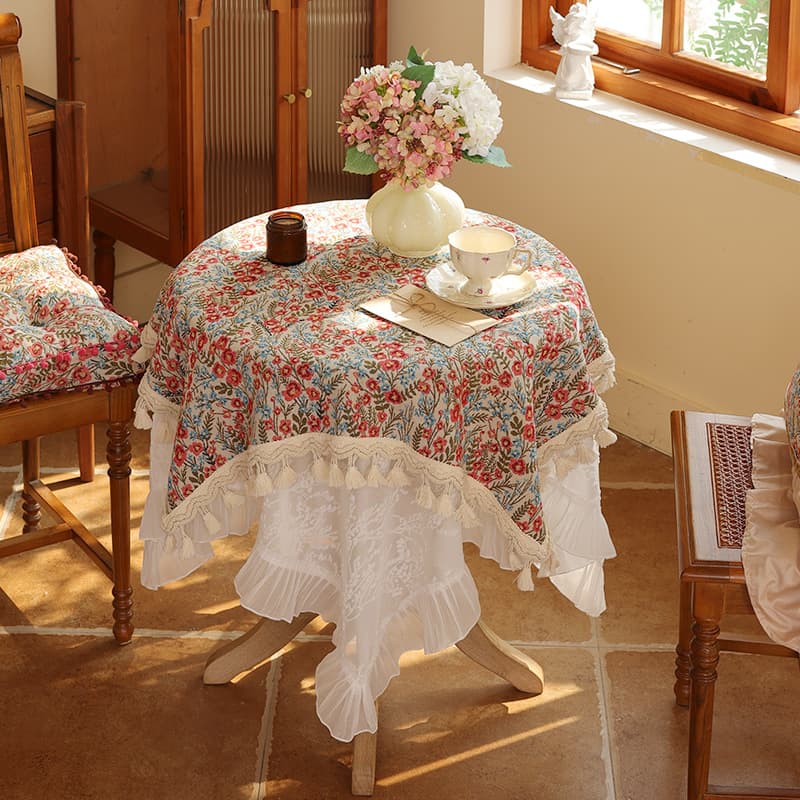 テーブルクロス 花柄刺繍フリルレース付き多層式テーブルクロス布