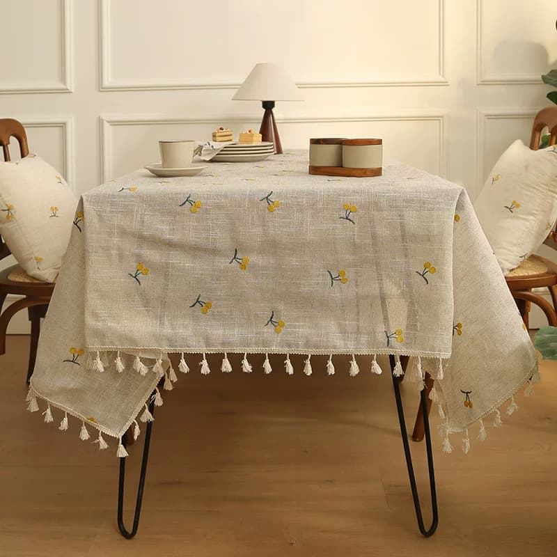 テーブルクロス フルーツ刺繍とフリンジ付きナチュラルリネンテーブルクロス