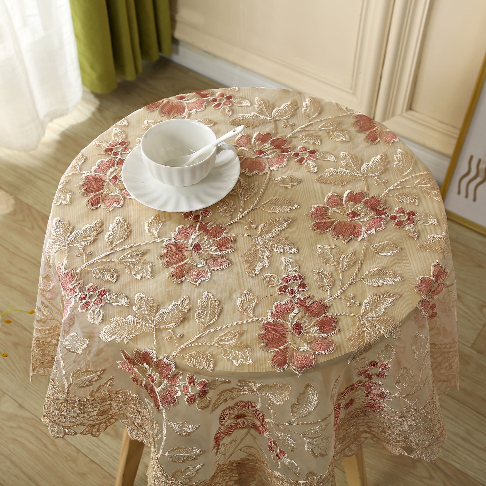 テーブルクロス 花柄刺繍総レース透かし模様テーブルクロス布