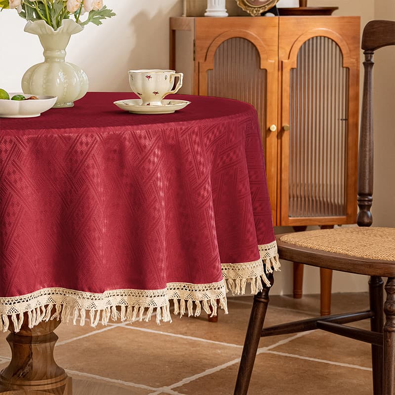 テーブルクロス 幾何学模様ジャカード織りフリンジ付き円形テーブルクロス