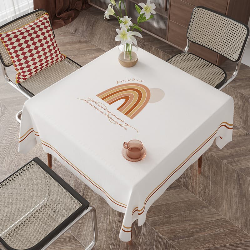 テーブルクロス 北欧風花柄とチェック縁取りテーブルクロス